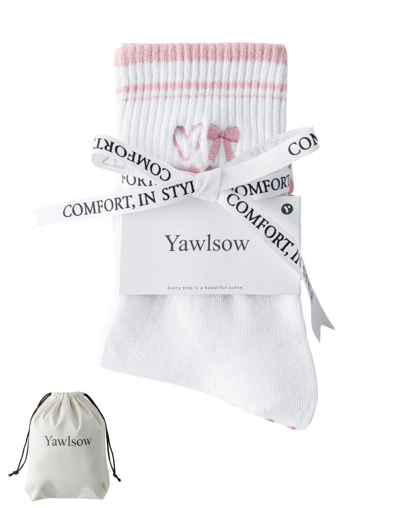 Yawlsow Pilates Grip Socks for Women Yoga Grippy Socks Cute Barre Non Skid Athletic Crew Sticky Sock Workout Hospital (US, Alpha, One Size, Regular, Regular, 1 Pack-Pink-Heart with Gift Bag) - Image 1