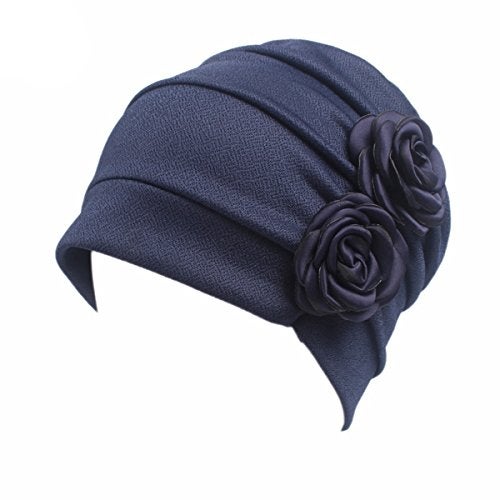 HONENNA Ruffle Chemo Turban Headband Scarf Beanie Cap Hat for Cancer Patient (Wine+Navy Blue) - Image 3