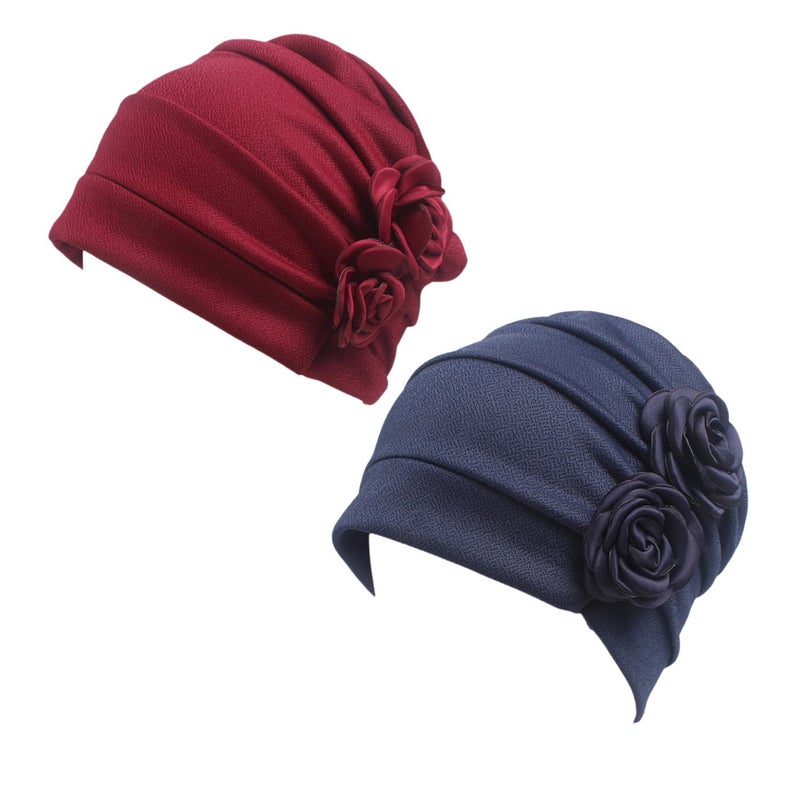 HONENNA Ruffle Chemo Turban Headband Scarf Beanie Cap Hat for Cancer Patient (Wine+Navy Blue) - Image 5