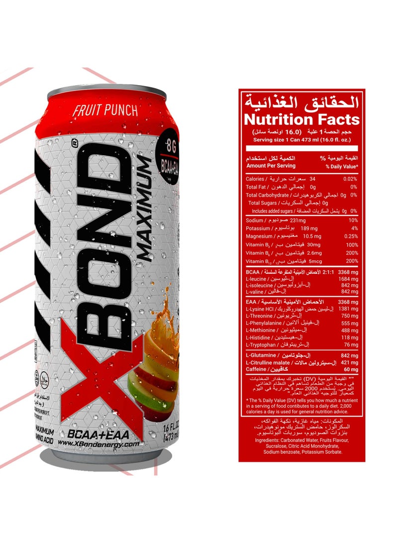 Xbond X-BOND 8g BCAA/EAA Fruit Punch Maximum RecoveryExpanded Maximum Amino Drink - BCAA + EAA Electrolytes Drink - 16 fl oz (473 ml) -  Sugar Free 34 Calories, 60mg Caffeine Pack of 12 - Image 3