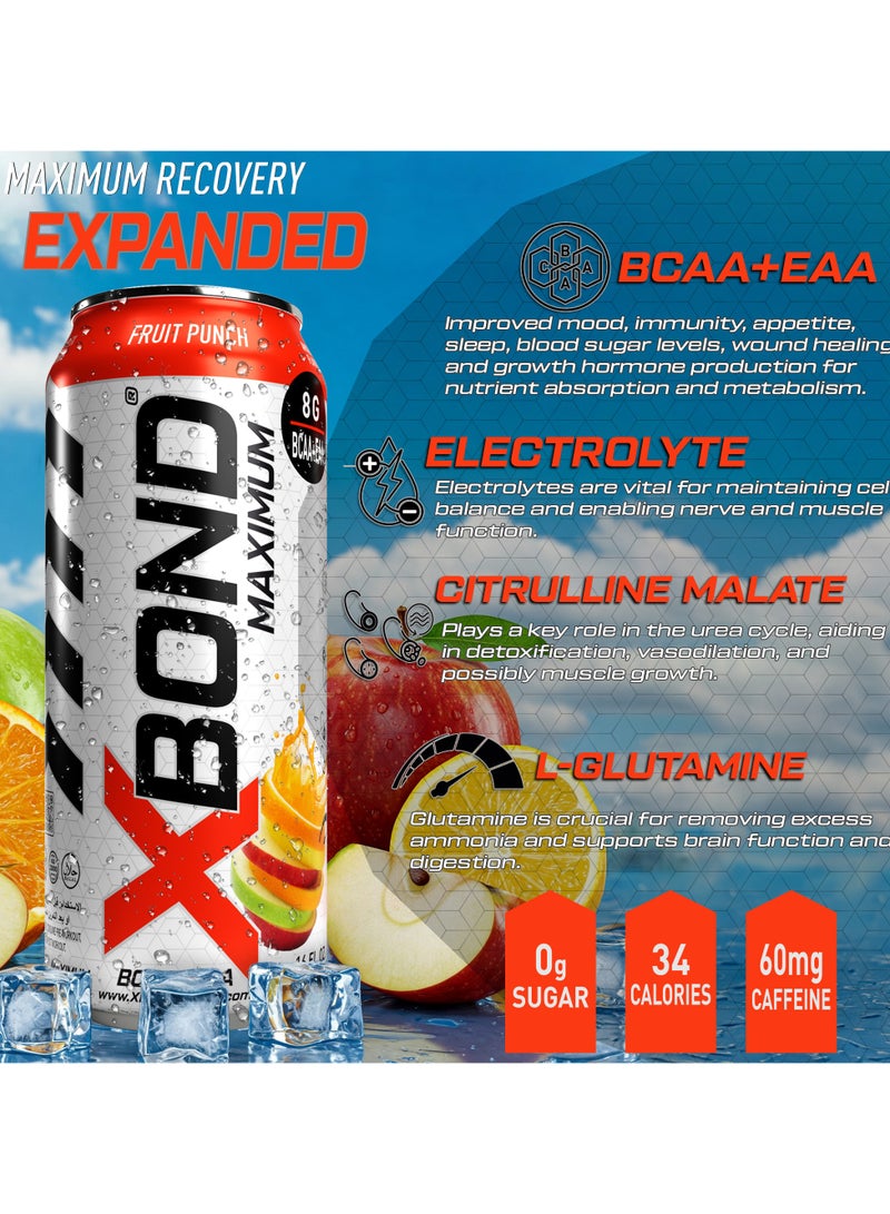 Xbond X-BOND 8g BCAA/EAA Fruit Punch Maximum RecoveryExpanded Maximum Amino Drink - BCAA + EAA Electrolytes Drink - 16 fl oz (473 ml) -  Sugar Free 34 Calories, 60mg Caffeine Pack of 12 - Image 4