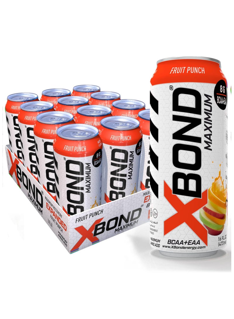 Xbond X-BOND 8g BCAA/EAA Fruit Punch Maximum RecoveryExpanded Maximum Amino Drink - BCAA + EAA Electrolytes Drink - 16 fl oz (473 ml) -  Sugar Free 34 Calories, 60mg Caffeine Pack of 12 - Image 1