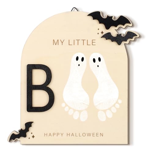 Beeveer Baby's First DIY Footprint Art Wooden Milestone Card Keepsake Little Boo Sign Nursery Decorative Ornaments for Baby Shower Newborn Photoshoot Prop(Halloween Classic) - Image 1