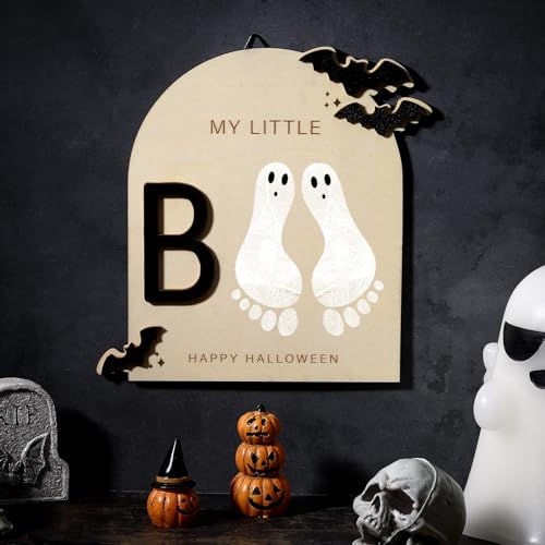 Beeveer Baby's First DIY Footprint Art Wooden Milestone Card Keepsake Little Boo Sign Nursery Decorative Ornaments for Baby Shower Newborn Photoshoot Prop(Halloween Classic) - Image 2