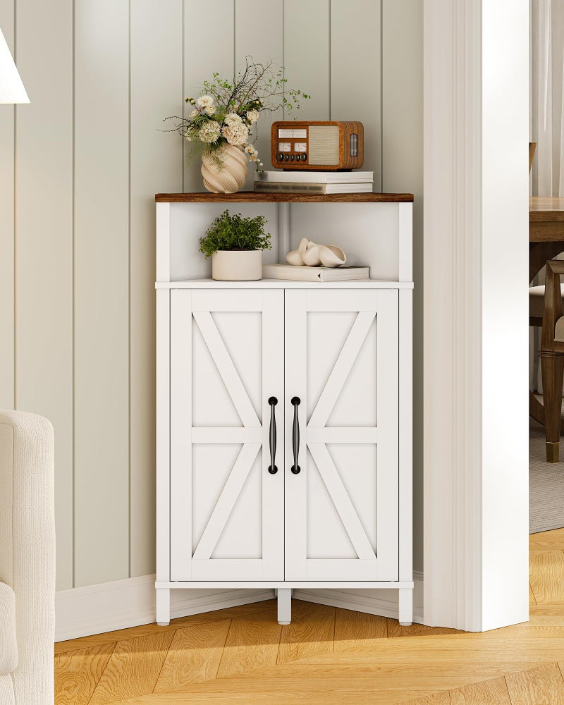CHOEZON Farmhouse-Style Corner Cabinet, Corner Shelf with Open Storage, Double-Door Storage Cabinet, Twist-to-Lock Design, Space-Saving, for Living Room, Bathroom, Kitchen, White and Walnut MCJ04WL - Image 1