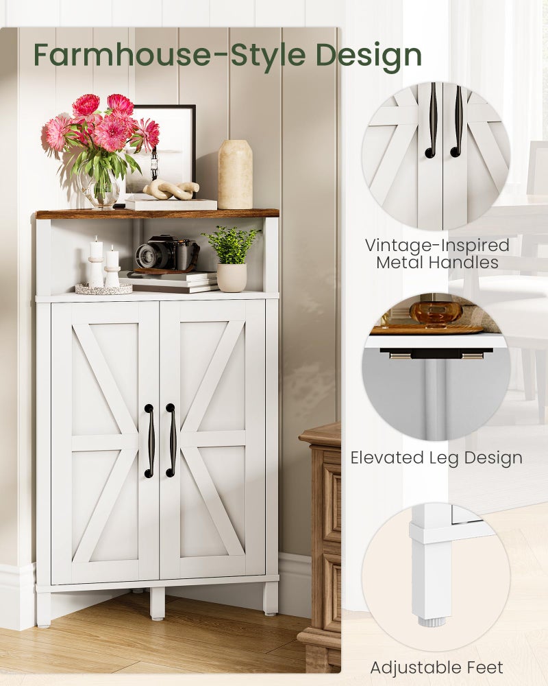 CHOEZON Farmhouse-Style Corner Cabinet, Corner Shelf with Open Storage, Double-Door Storage Cabinet, Twist-to-Lock Design, Space-Saving, for Living Room, Bathroom, Kitchen, White and Walnut MCJ04WL - Image 3