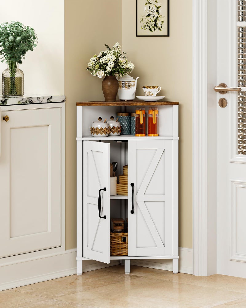 CHOEZON Farmhouse-Style Corner Cabinet, Corner Shelf with Open Storage, Double-Door Storage Cabinet, Twist-to-Lock Design, Space-Saving, for Living Room, Bathroom, Kitchen, White and Walnut MCJ04WL - Image 2