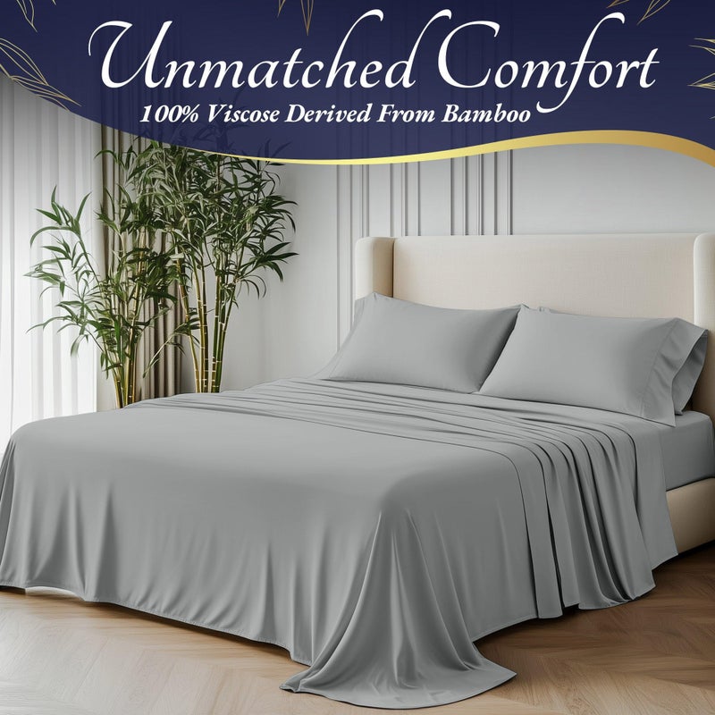 DECOLURE 100% Organic Viscose Derived from Bamboo Sheets Full Size 4pcs - Ultra Soft & Luxuriously Cooling  17 "" Deep Pocket  Double Stitching  Perfect for Hot Sleepers - Full Bed Sheets (Light Grey) - Image 2