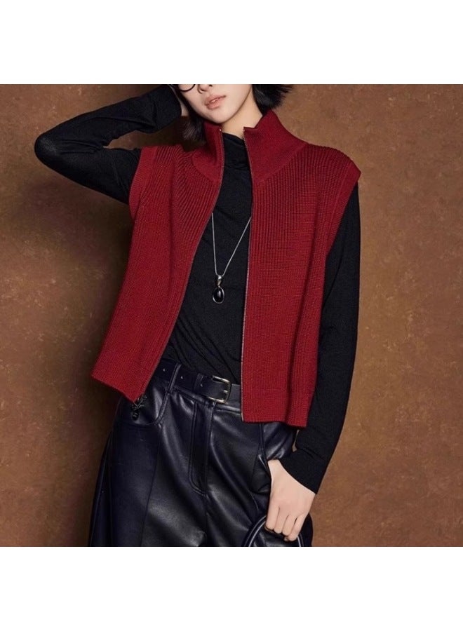 Leyuan Retro Autumn Winter New Layered Pullover High Neck Sweater Vest Outerwear Top Red Knitted Vest Women's - Image 1