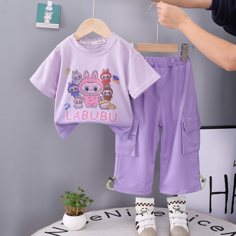 Cross-border special for 2025 summer new children and girls gradient pull cloth printed short sleeve T-shirt pants suit Purple