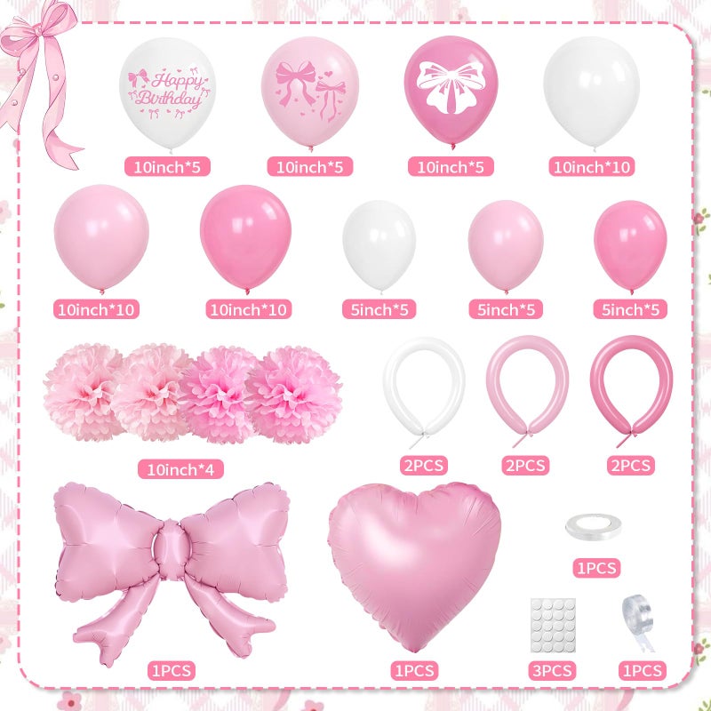Fantspati Pink Bow Birthday Decorations, Coquette Party Supplies with Balloons, Fringe Curtain, Birthday Sash, Pink Hair Bow, Tablecloth, Banner, Paper Pompoms, Cake Topper for Women Girls Bday Party Decor - Image 3