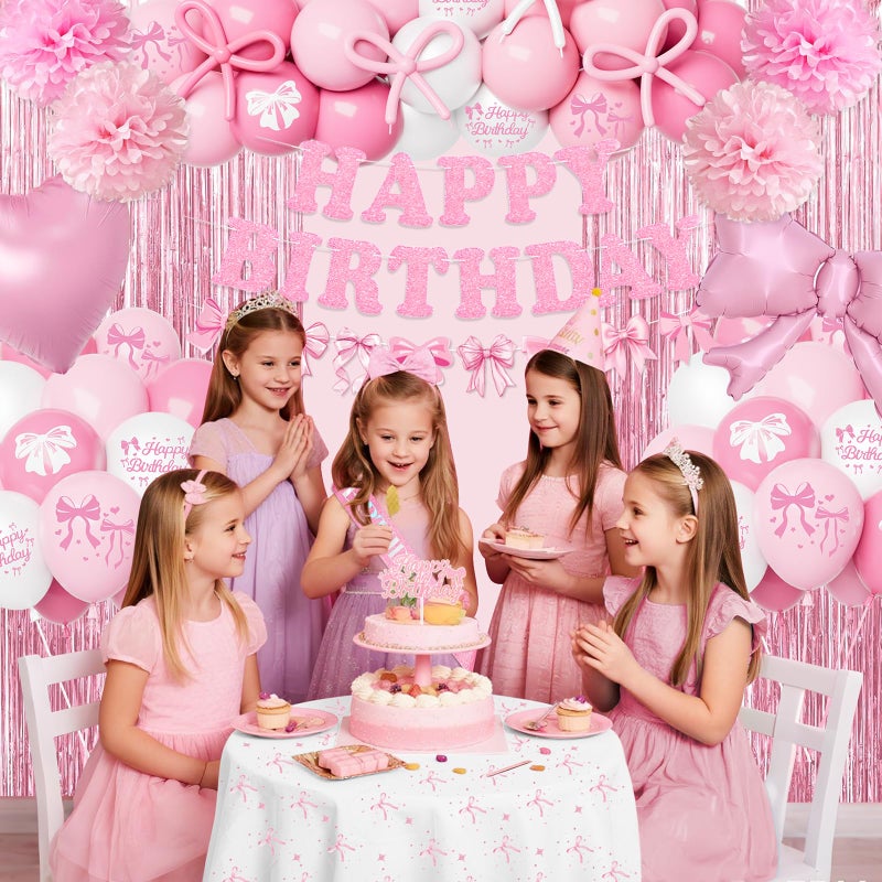 Fantspati Pink Bow Birthday Decorations, Coquette Party Supplies with Balloons, Fringe Curtain, Birthday Sash, Pink Hair Bow, Tablecloth, Banner, Paper Pompoms, Cake Topper for Women Girls Bday Party Decor - Image 4