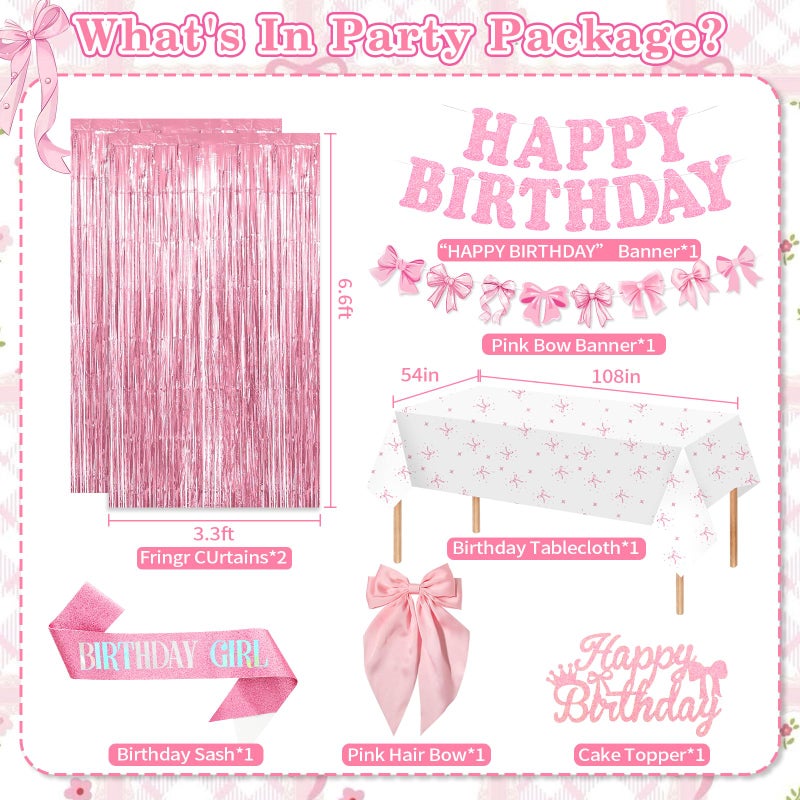 Fantspati Pink Bow Birthday Decorations, Coquette Party Supplies with Balloons, Fringe Curtain, Birthday Sash, Pink Hair Bow, Tablecloth, Banner, Paper Pompoms, Cake Topper for Women Girls Bday Party Decor - Image 2