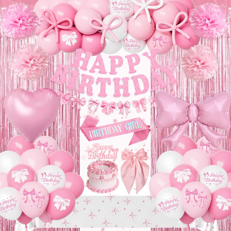 Fantspati Pink Bow Birthday Decorations, Coquette Party Supplies with Balloons, Fringe Curtain, Birthday Sash, Pink Hair Bow, Tablecloth, Banner, Paper Pompoms, Cake Topper for Women Girls Bday Party Decor - Image 1