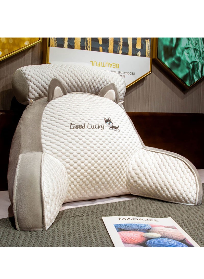 Sitting Reading Pillow, Sit Up Back Support Cushion with Armsrest for Resting in Bed Couch Chair or Floor, Back Support Pillow for Kids & Adult Reading Watching TV Gaming (Light Grey - Dog, 75*50cm) - Image 1