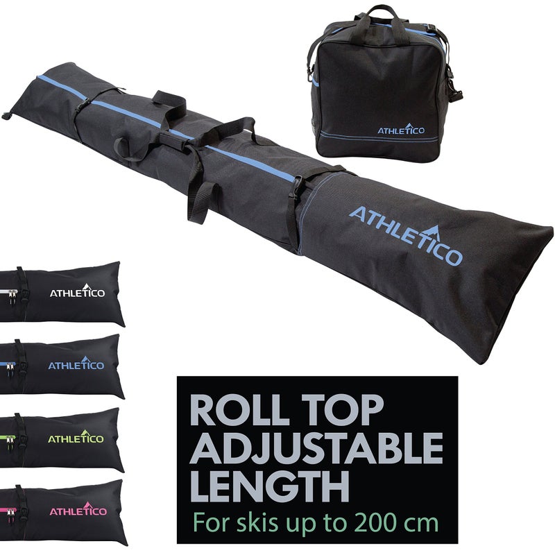 Athletico TwoPiece Ski and Boot Bag Combo Store Transport Skis Up to 200 CM and Boots Up To Size 13 Includes 1 Ski Bag 1 Ski Boot Bag Black with Blue Trim