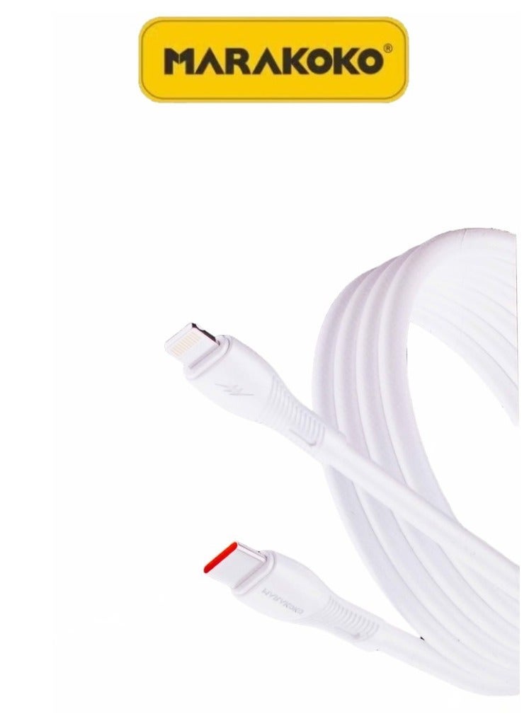 Marakoko Type C to iPhone charging cable with a durable white rubber design. Supports 27W fast charging and data transfer. High-quality Type-C to iPhone cable from the brand Marakoko, model MA-094. - Image 1