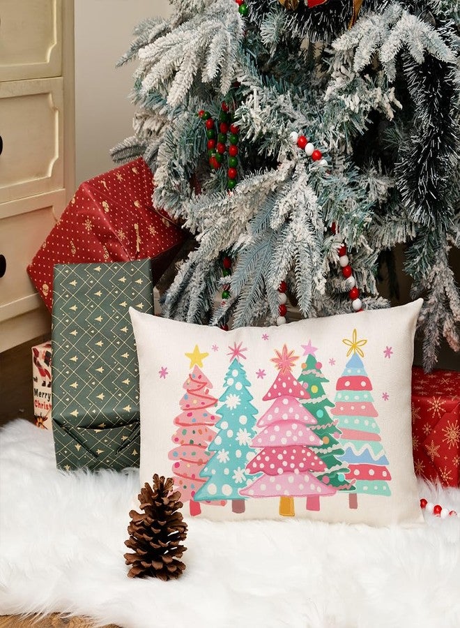AACORS Christmas Pillow Cover 12X20 Inch Watercolor Christmas Tree Stars Decoration Holiday Farmhouse Winter Pillow Case for Sofa Couch Decor（Pink） AA615-12 - Image 4