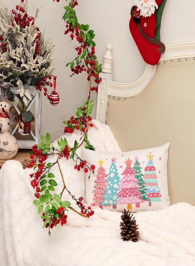AACORS Christmas Pillow Cover 12X20 Inch Watercolor Christmas Tree Stars Decoration Holiday Farmhouse Winter Pillow Case for Sofa Couch Decor（Pink） AA615-12 - Image 2