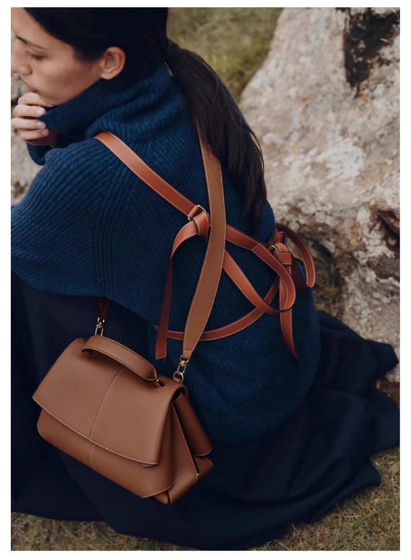 POLENE Polène Smile Vintage Leather Pleated Handbag / Shoulder Crossbody Camera Bag - Brown - Image 2