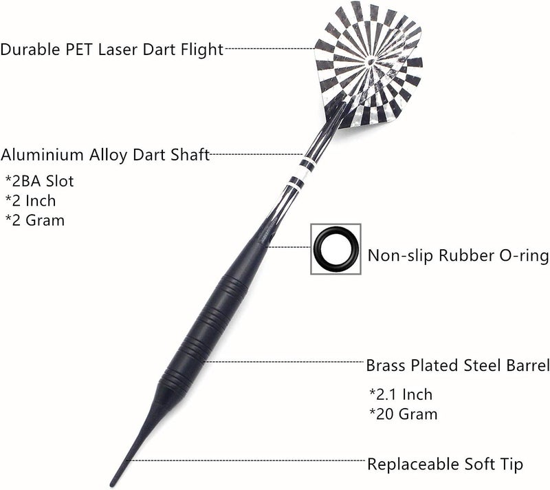 ROOBEEO Soft Tip Darts Set for Electronic Dart Board 18/22g Plastic Tip Darts Set with Brass Barrels&Aluminum Shafts, 6 Flights 3 Spare Plastic Dart Shaft 20 Soft Tips Portable Case - Image 2