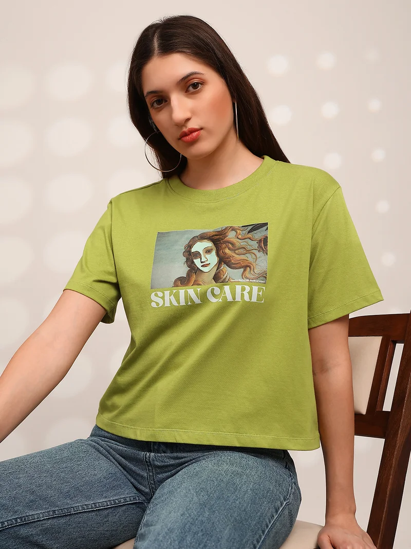 globus Globus Women Green Graphic Print Round Neck Drop Shoulder Sleeves Oversized Crop T-Shirt