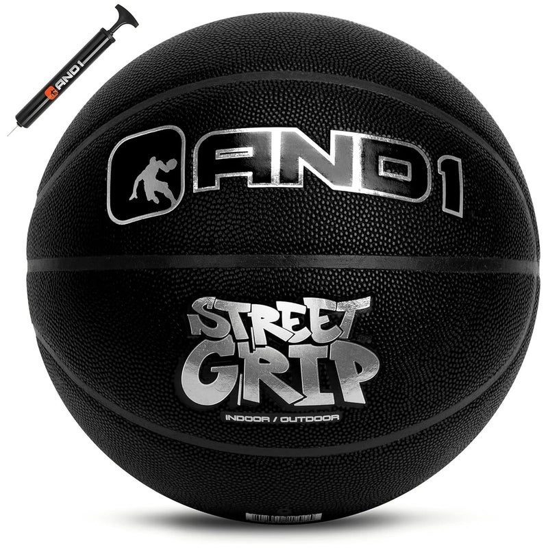كرة سلة AND1 Street Grip جلد مركب متميز مضخة بحجم رسمي 7 295 كرة شوارع مصممة لألعاب كرة السلة الداخلية والخارجية سوداء