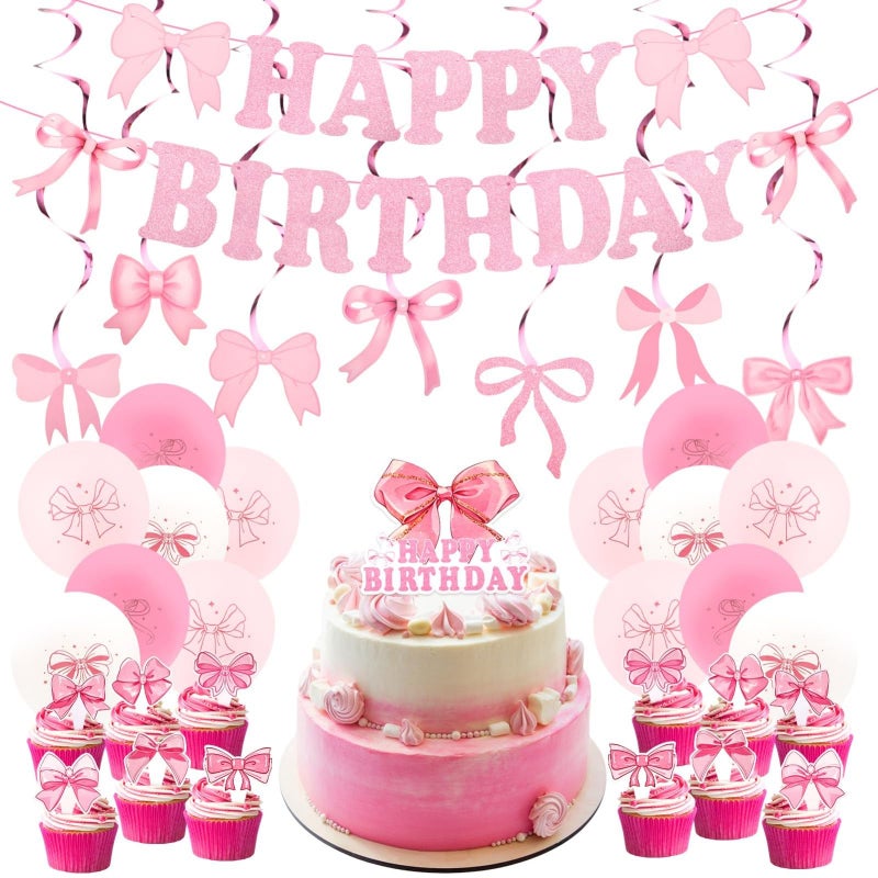 MANGO Pink Bow Birthday Party Decorations 51 Pcs Pink Birthday Decorations Supplies Includes Happy Birthday Banner Balloons Cake Decorations For Girl Theme Birthday Dress Up Kids Birthday Party - Image 1