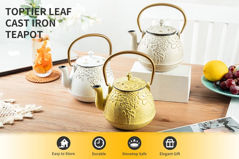 TOPTIER Japanese Cast Iron Tea Kettle with Infuser,Teapot Stovetop Safe, Leaf Design , Coated with Enameled Interior for 32 Ounce (950 ml), White - Image 2