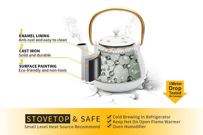 TOPTIER Japanese Cast Iron Tea Kettle with Infuser,Teapot Stovetop Safe, Leaf Design , Coated with Enameled Interior for 32 Ounce (950 ml), White - Image 4