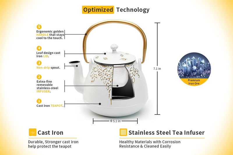 TOPTIER Japanese Cast Iron Tea Kettle with Infuser,Teapot Stovetop Safe, Leaf Design , Coated with Enameled Interior for 32 Ounce (950 ml), White - Image 3