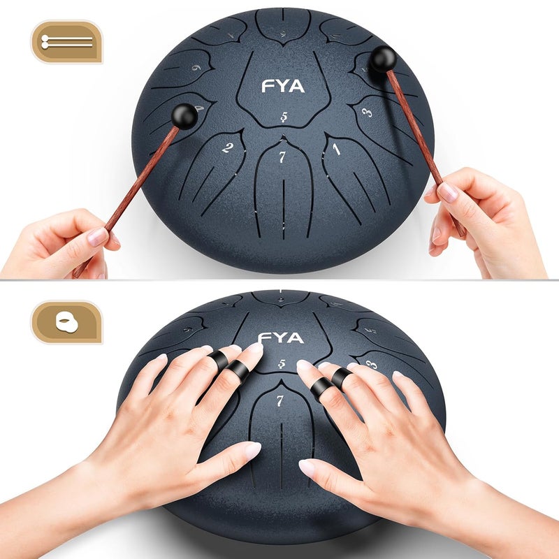 FYA 10 Inch Steel Tongue Drum 11 Notes D Major for Kids and Adults with Rubber Mallets, Finger Picks and Padded Travel Bag, Unique Gifts for Him or Her (Navy Blue-11 Note 10 Inch) - Image 4