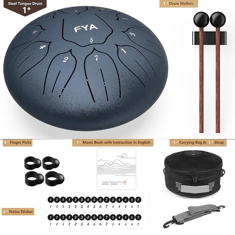 FYA 10 Inch Steel Tongue Drum 11 Notes D Major for Kids and Adults with Rubber Mallets, Finger Picks and Padded Travel Bag, Unique Gifts for Him or Her (Navy Blue-11 Note 10 Inch) - Image 2