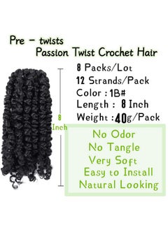 LOSMOEER 8 Packs Passion Twist Crochet Hair 8 Inch Pre-Twisted Crochet Passion Twist Hair Pre-Looped Crochet Braids Hair For Women Passion Twists Braiding Hair Synthetic Hair Extensions (1B#)  - Image 3
