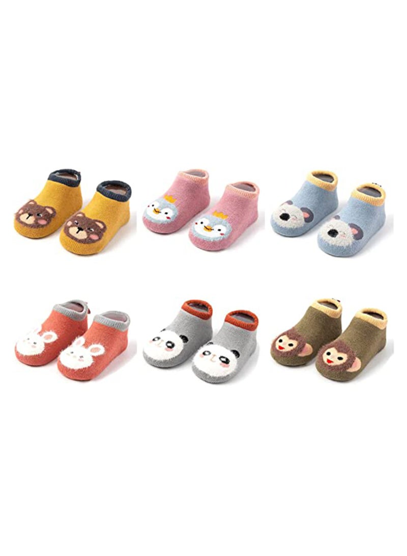 6 Pairs Baby Non-Slip Cartoon Socks, Cotton Low Cut Ankle Slippers for Infants - Warm & Comfortable - Image 1