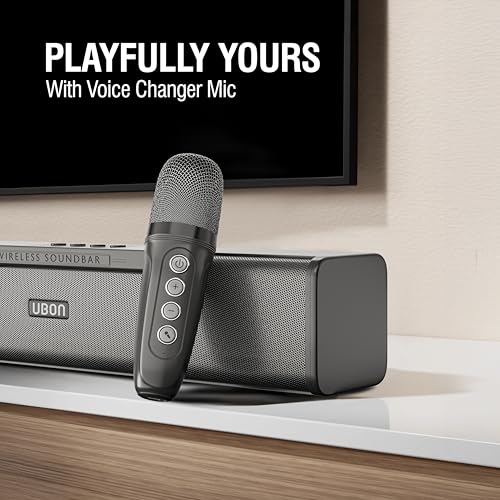 UBON Thunder SP90 Wireless Sounbar with Voice Changer Mic, 16 W Powerfull Sound Output, Built in Mobile Holder, 10HRS Playtime, Bluetooth Sound Bar, Soundbar Speaker (Black) - Image 4