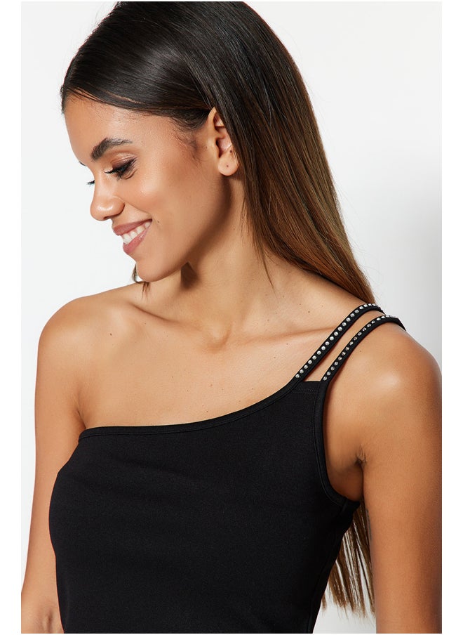 trendyol - Black Shiny Stone Detailed One Shoulder Strap Fitted Crop Knitted Blouse TWOSS23BZ00455 - Image 1
