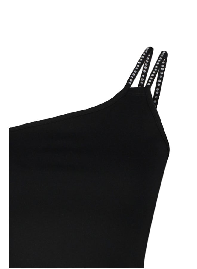 trendyol - Black Shiny Stone Detailed One Shoulder Strap Fitted Crop Knitted Blouse TWOSS23BZ00455 - Image 1