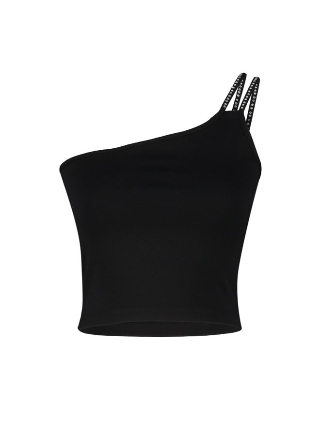 trendyol - Black Shiny Stone Detailed One Shoulder Strap Fitted Crop Knitted Blouse TWOSS23BZ00455 - Image 1