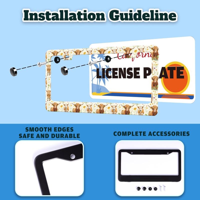 TINALUIN Highland Cow License Plate Frame Cow Animal Flowers Stainless Steel License Plate Holder for Front and Rear Car Tags Funny for Car Decoration Accessories with Screws 6.3 X 12.2 Inch for Women Men - Image 4