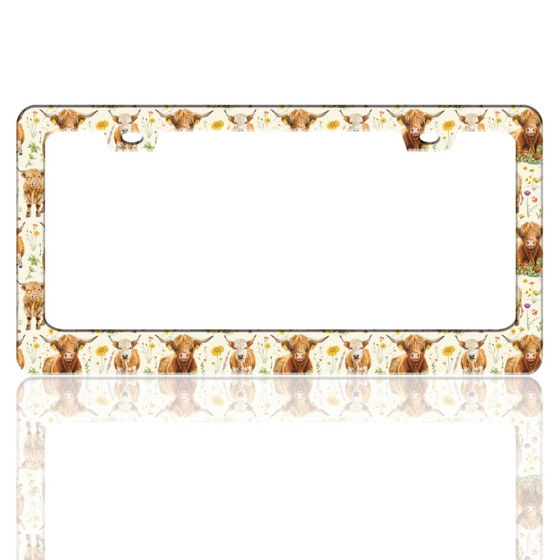 TINALUIN Highland Cow License Plate Frame Cow Animal Flowers Stainless Steel License Plate Holder for Front and Rear Car Tags Funny for Car Decoration Accessories with Screws 6.3 X 12.2 Inch for Women Men - Image 1