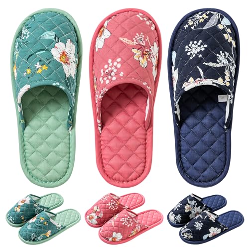 biroris 3 Pairs Floral Cotton House Slippers for Women, Open Toe Indoor Slippers Comfortable Washable Portable Foldable Guest Travel Hotel Airplane Spa Slippers (Multicolor Closed-toe, 7-8.5, Adult, Women, 7, Numeric Range, US Footwear Size System, 8.5, Medium) - Image 1