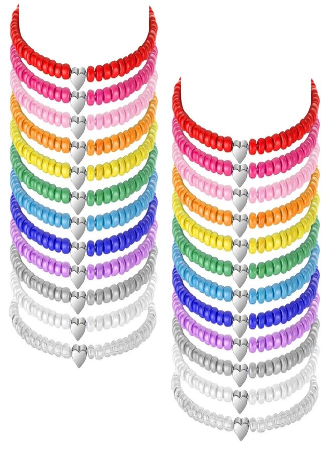 Sureio 24 Pcs Colorful Friendship Heart Bracelets Surfer Stretch Rainbow Beaded Kids valentines Bracelet for Girls Women Back to School Tween Girl Party Favors - Image 1