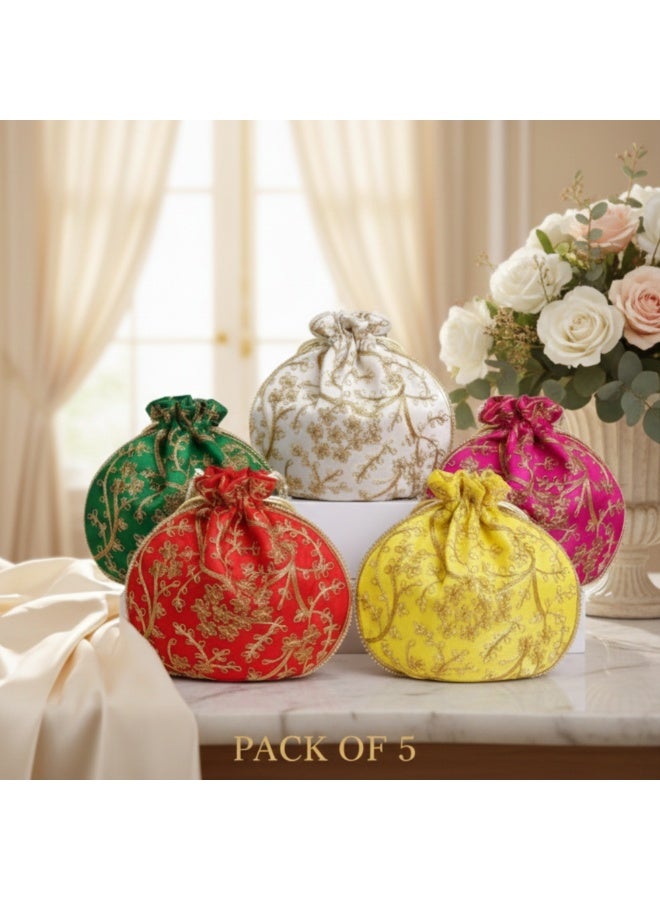 Handcrafted Silk Potli Bag for Women Traditional, Perfect for Weddings & Special Occasions Pack of 5 - Image 1