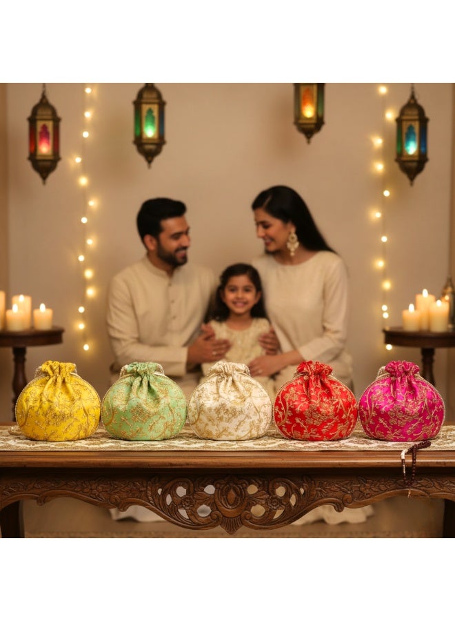 Handcrafted Silk Potli Bag for Women Traditional, Perfect for Weddings & Special Occasions Pack of 5 - Image 2