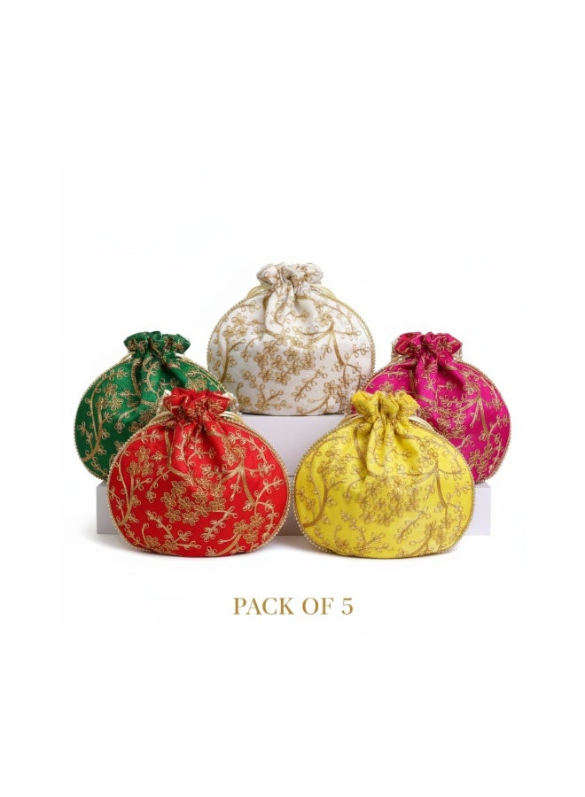 Handcrafted Silk Potli Bag for Women Traditional, Perfect for Weddings & Special Occasions Pack of 5 - Image 4