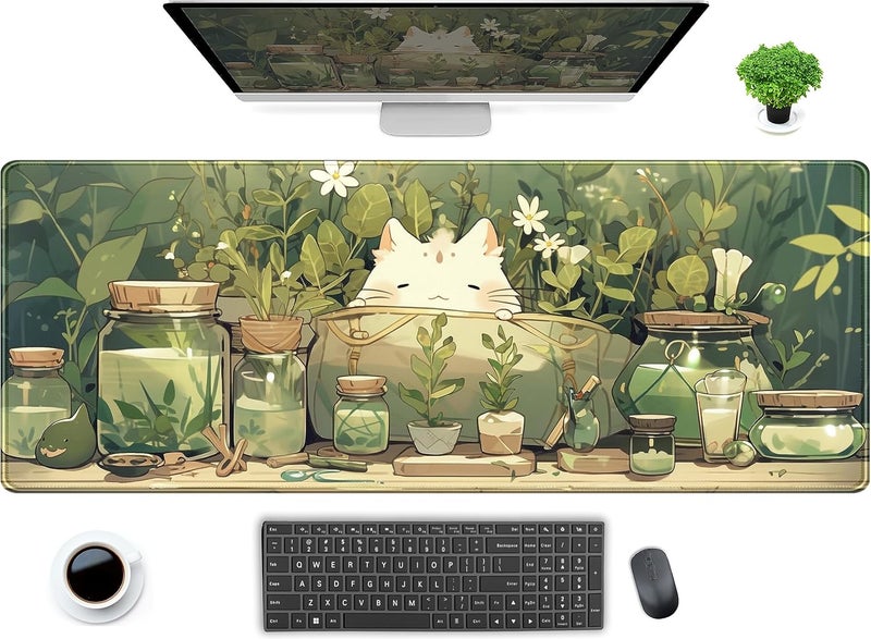 DCJJM Cute Kawaii White Cat Anime Green Plant Leaves Desk Mat Large Mouse Pad Gaming Desk Pad, XL Extended Mousepad Desk Accessories for Women Office Decor Long Laptop Keyboard Mouse Mat 31.5x11.8 in - Image 1