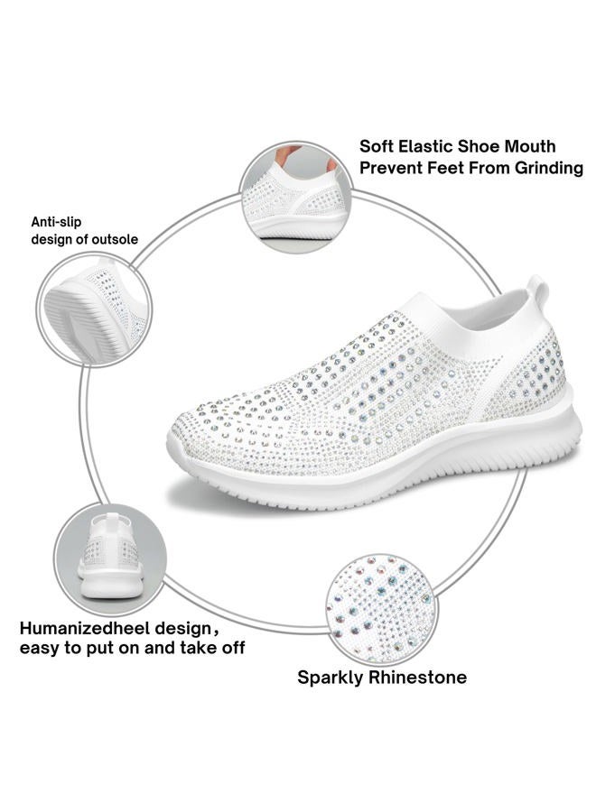 BELOS Women's Rhinestone Slip On Walking Shoes Breathable Mesh Knit Sock Shoes Fashion Comfortable Sparkly Sneaker (White,8.5) - Image 4