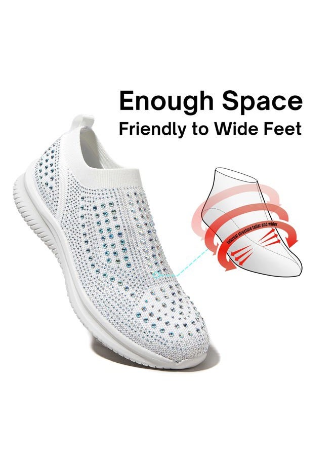 BELOS Women's Rhinestone Slip On Walking Shoes Breathable Mesh Knit Sock Shoes Fashion Comfortable Sparkly Sneaker (White,8.5) - Image 5