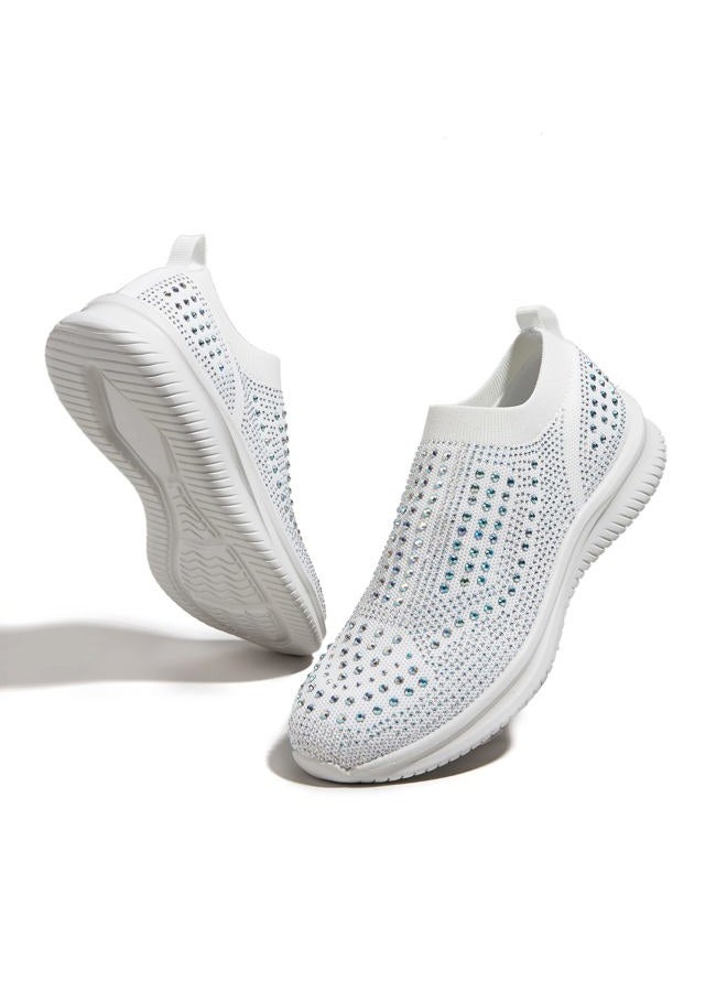 BELOS Women's Rhinestone Slip On Walking Shoes Breathable Mesh Knit Sock Shoes Fashion Comfortable Sparkly Sneaker (White,8.5) - Image 1